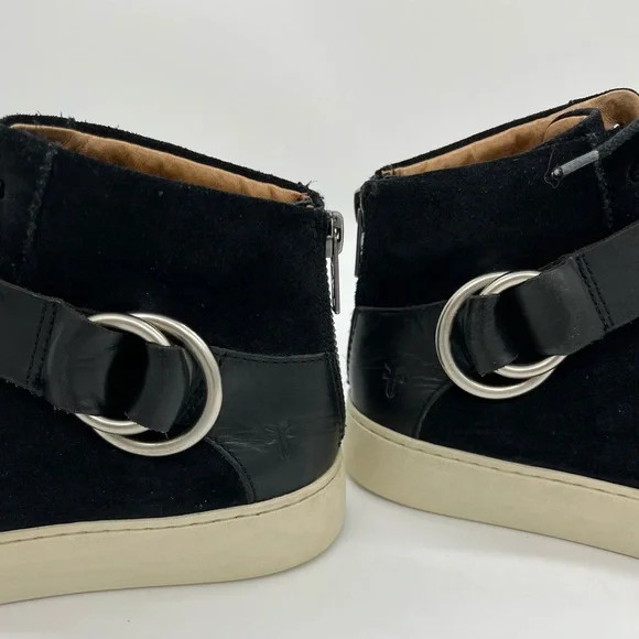 Frye Lena Harness High Top Sneakers Size 5.5 Black Suede Lace Up With Buckle - Picture 5 of 11